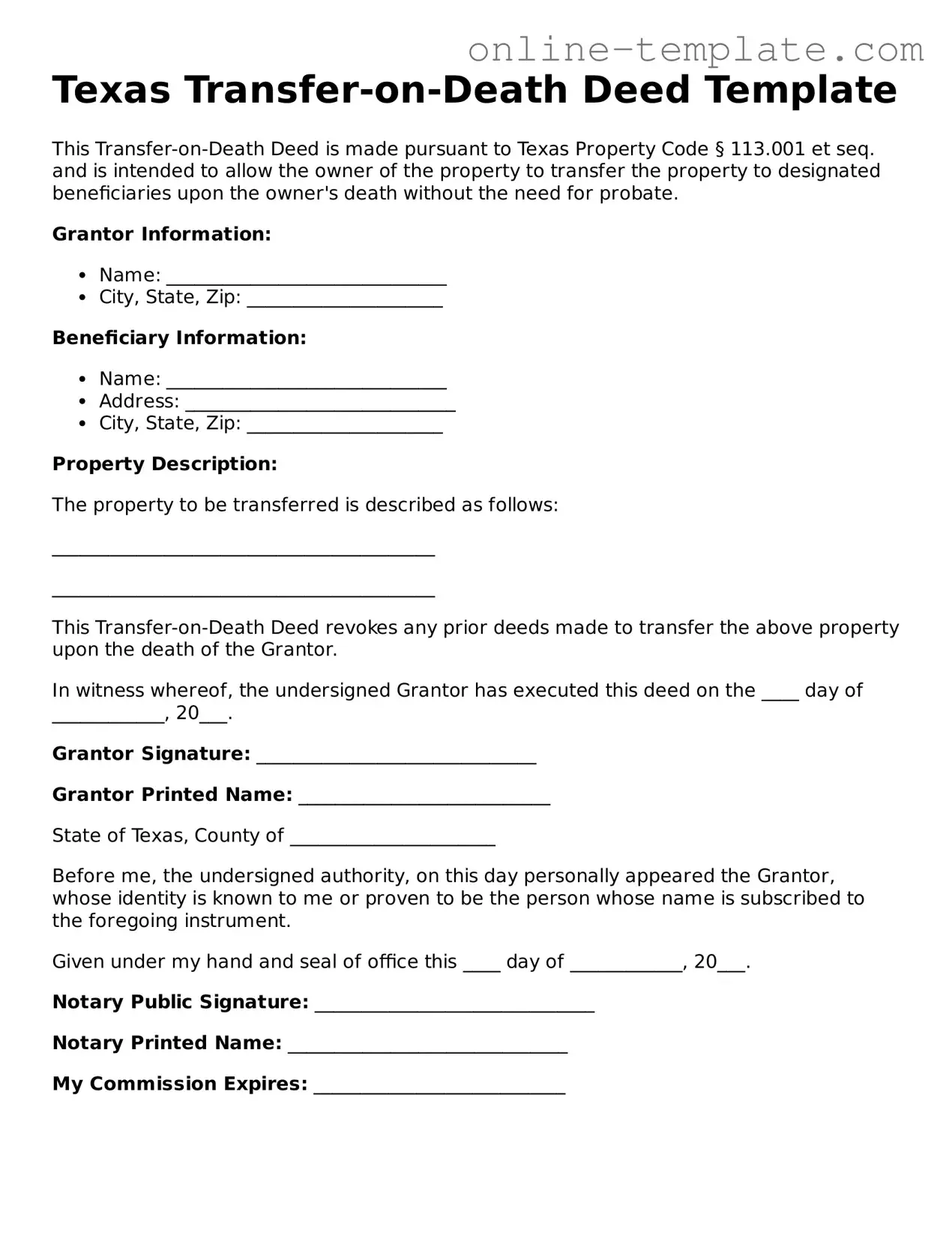 Attorney-Verified  Transfer-on-Death Deed Template for Texas