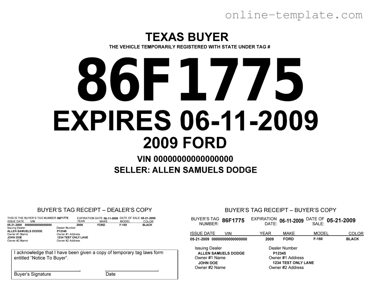 Free Texas Temporary Tag PDF Template