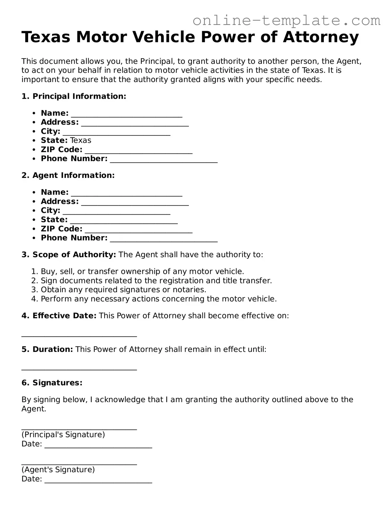 Attorney-Verified  Motor Vehicle Power of Attorney Template for Texas
