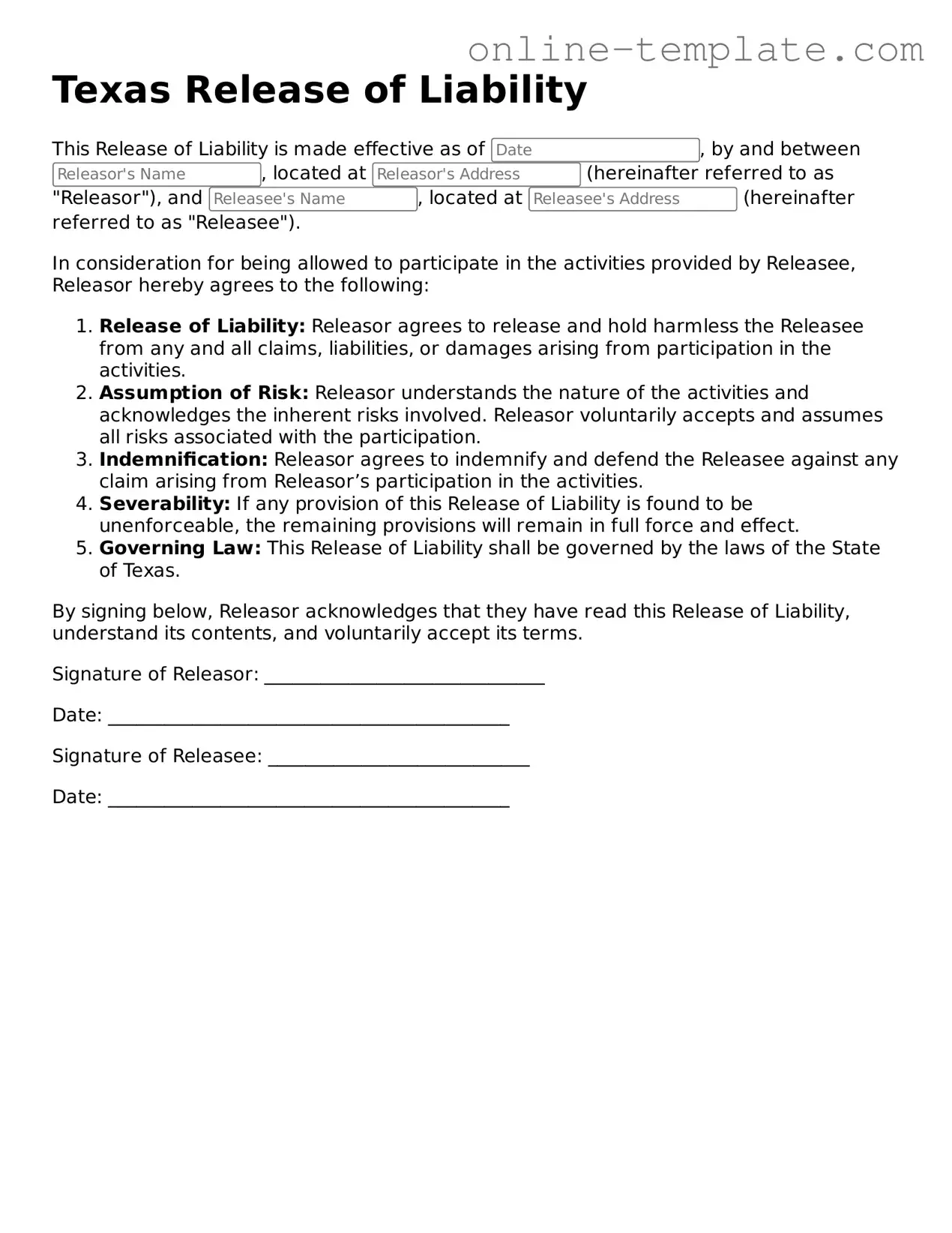 Attorney-Verified  Release of Liability Template for Texas