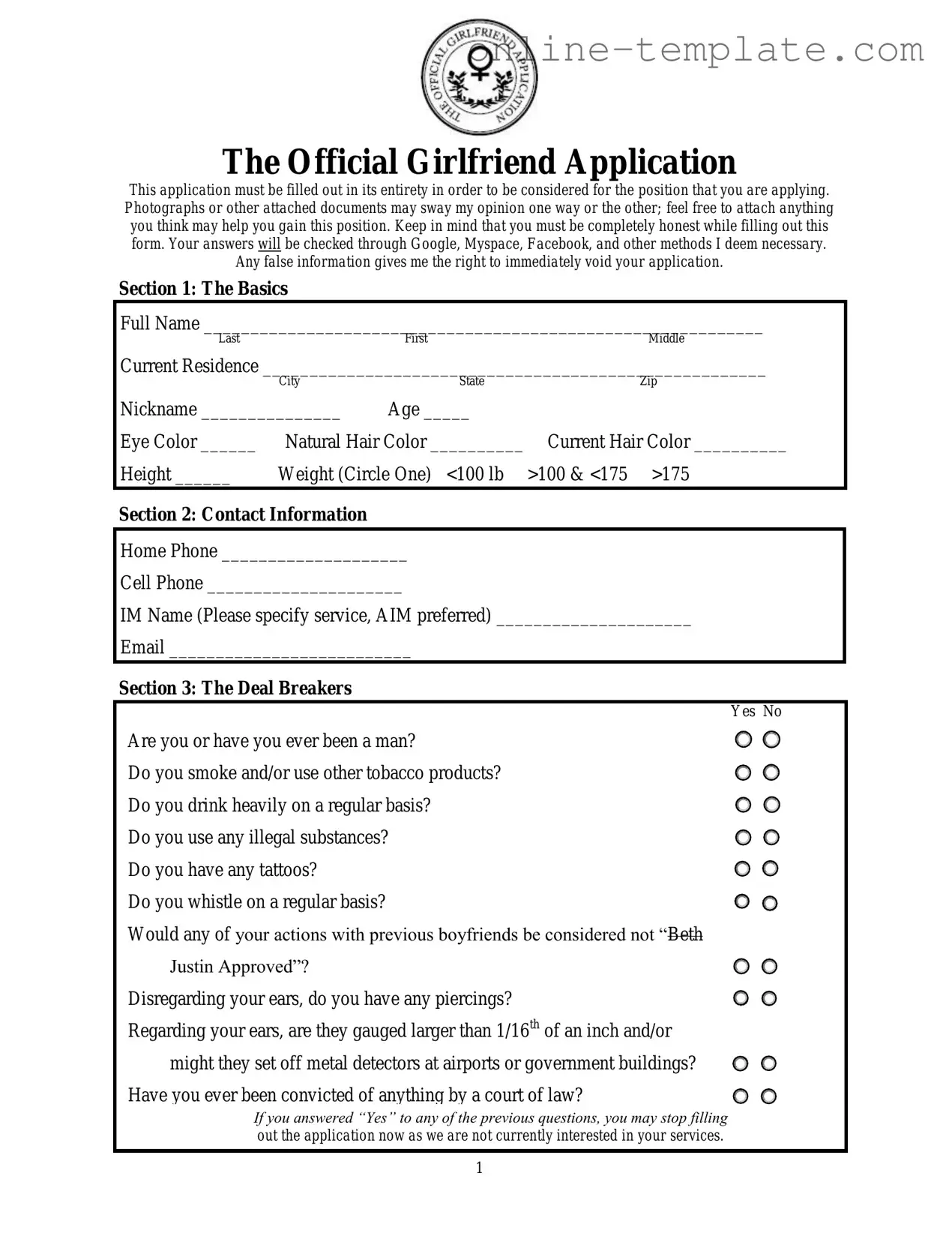 Free Girlfriend Application PDF Template