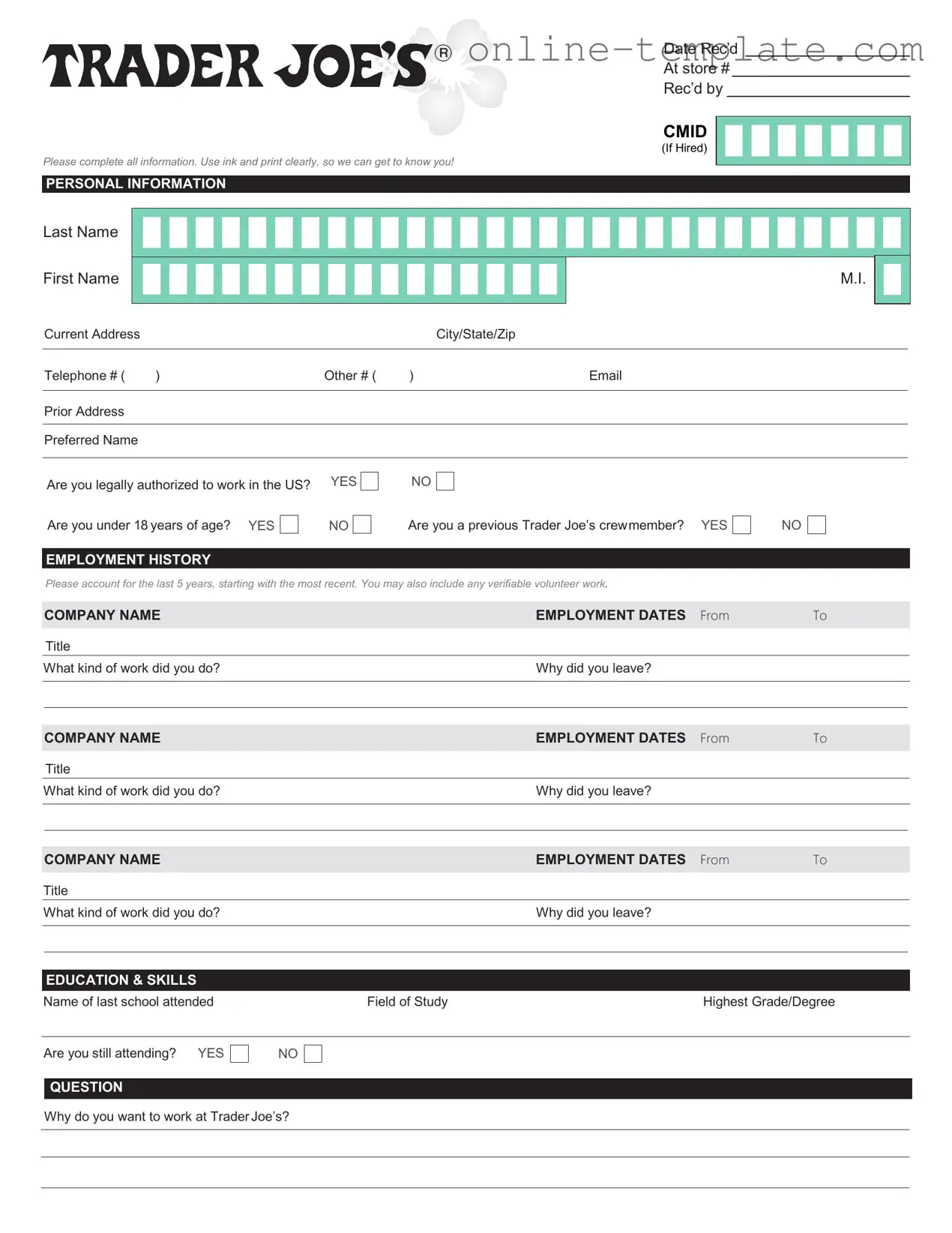 Free Trader Joe's application PDF Template