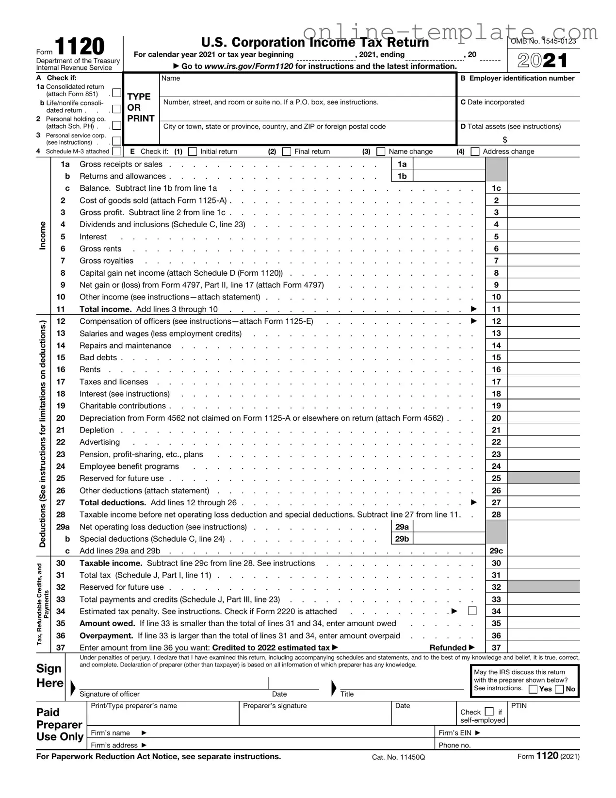 Free IRS 1120 PDF Template