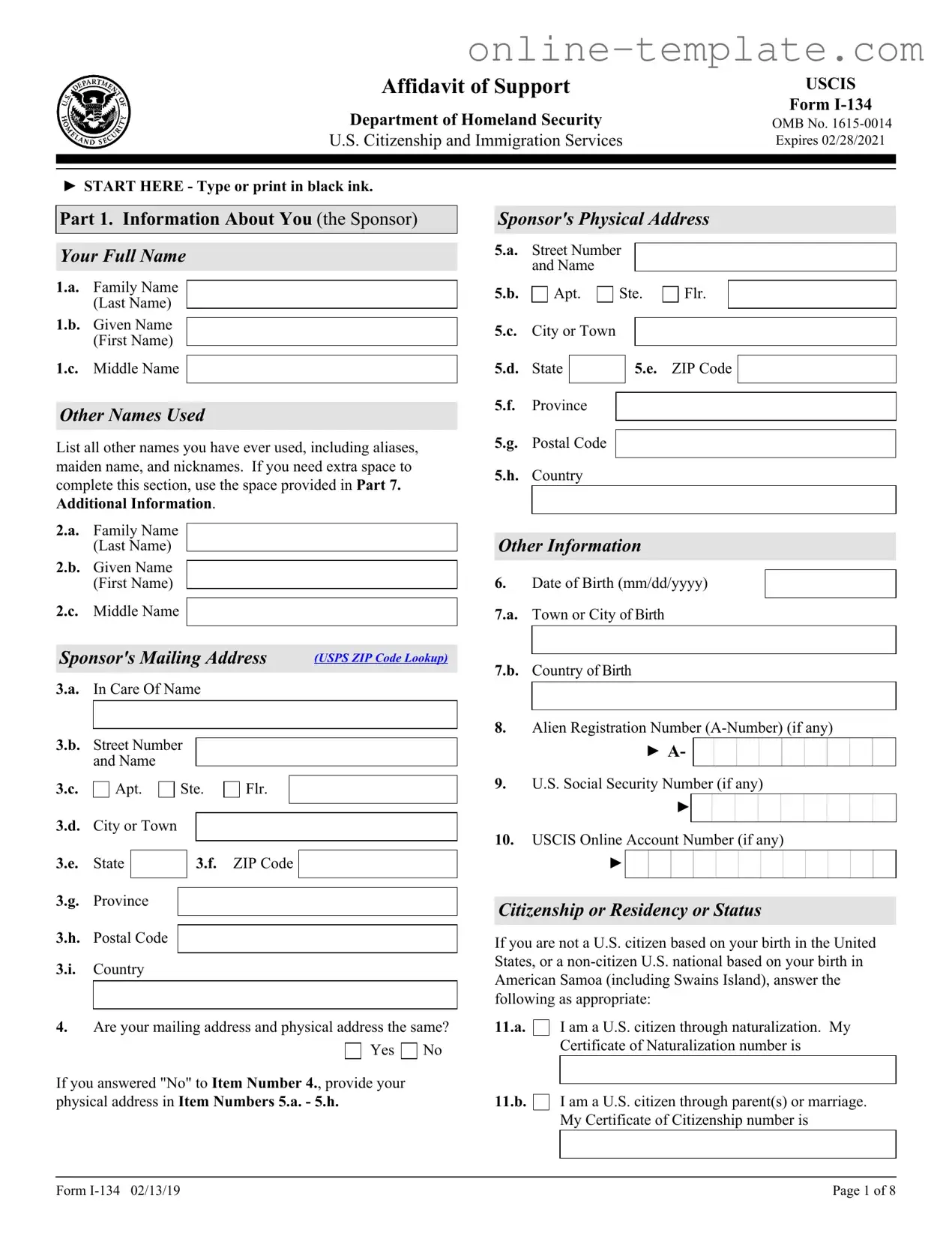Free USCIS I-134 PDF Template