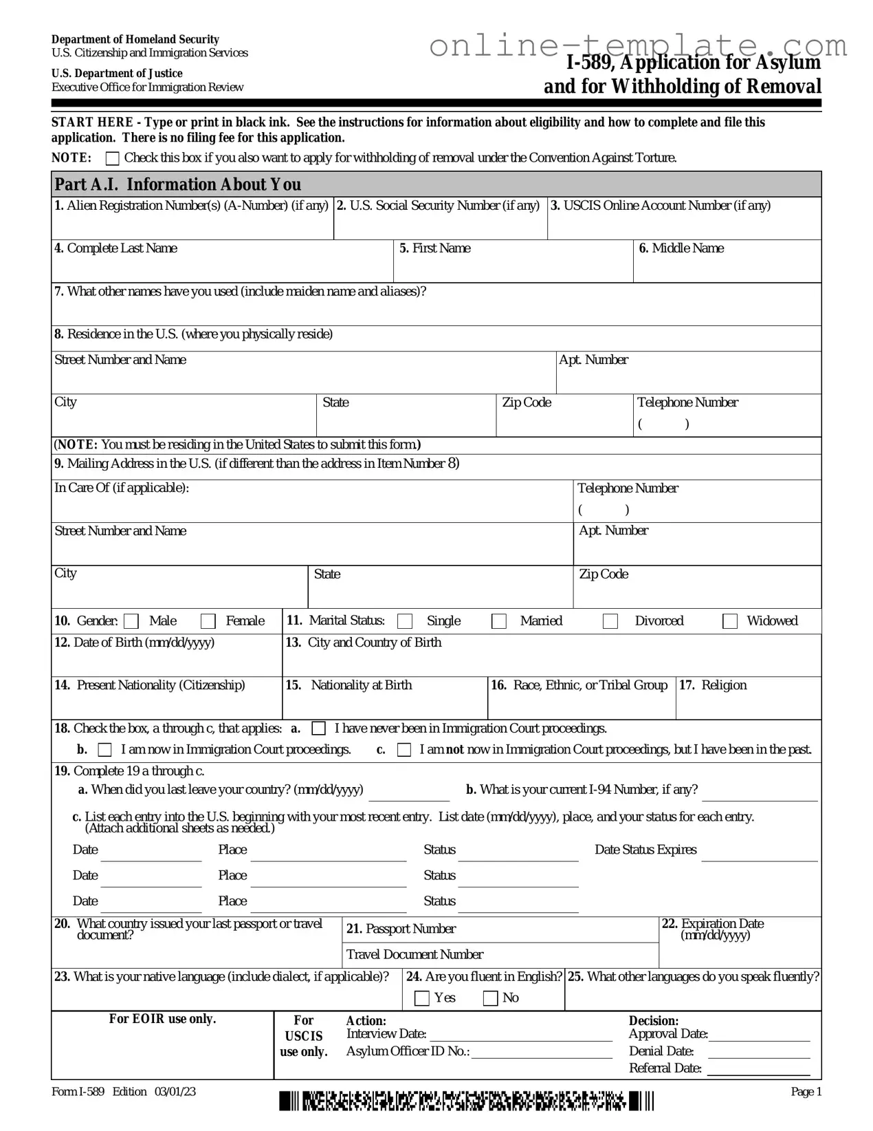 Free USCIS I-589 PDF Template