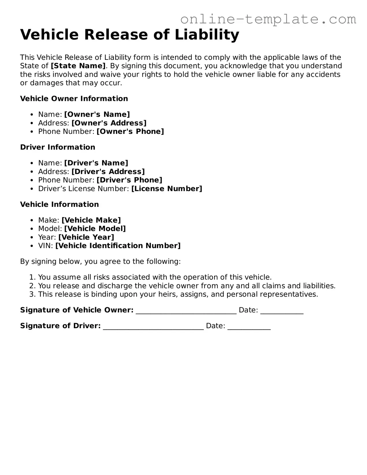 Official Vehicle Release of Liability Template