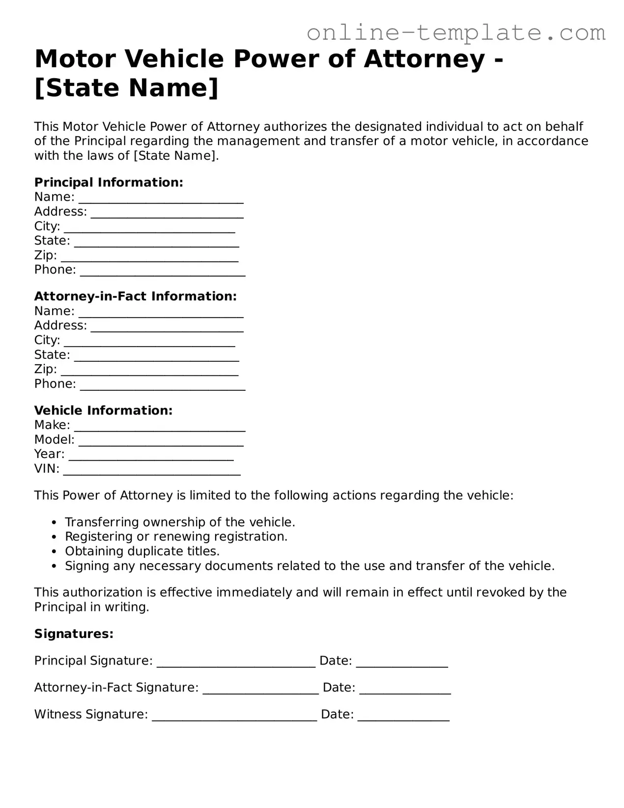 Official Motor Vehicle Power of Attorney Template