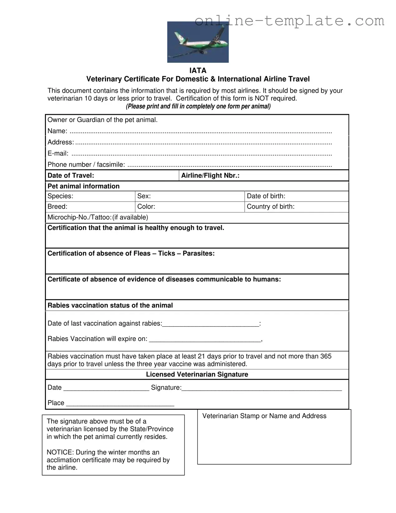 Free Veterinary Certificate Travel PDF Template