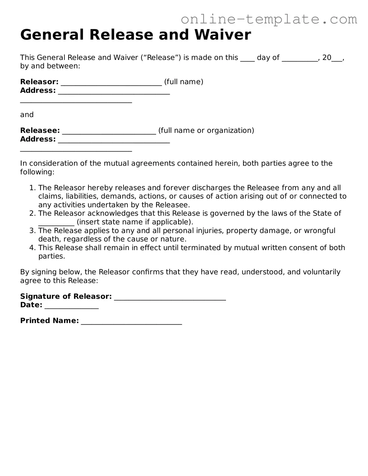 Official General Release and Waiver Template